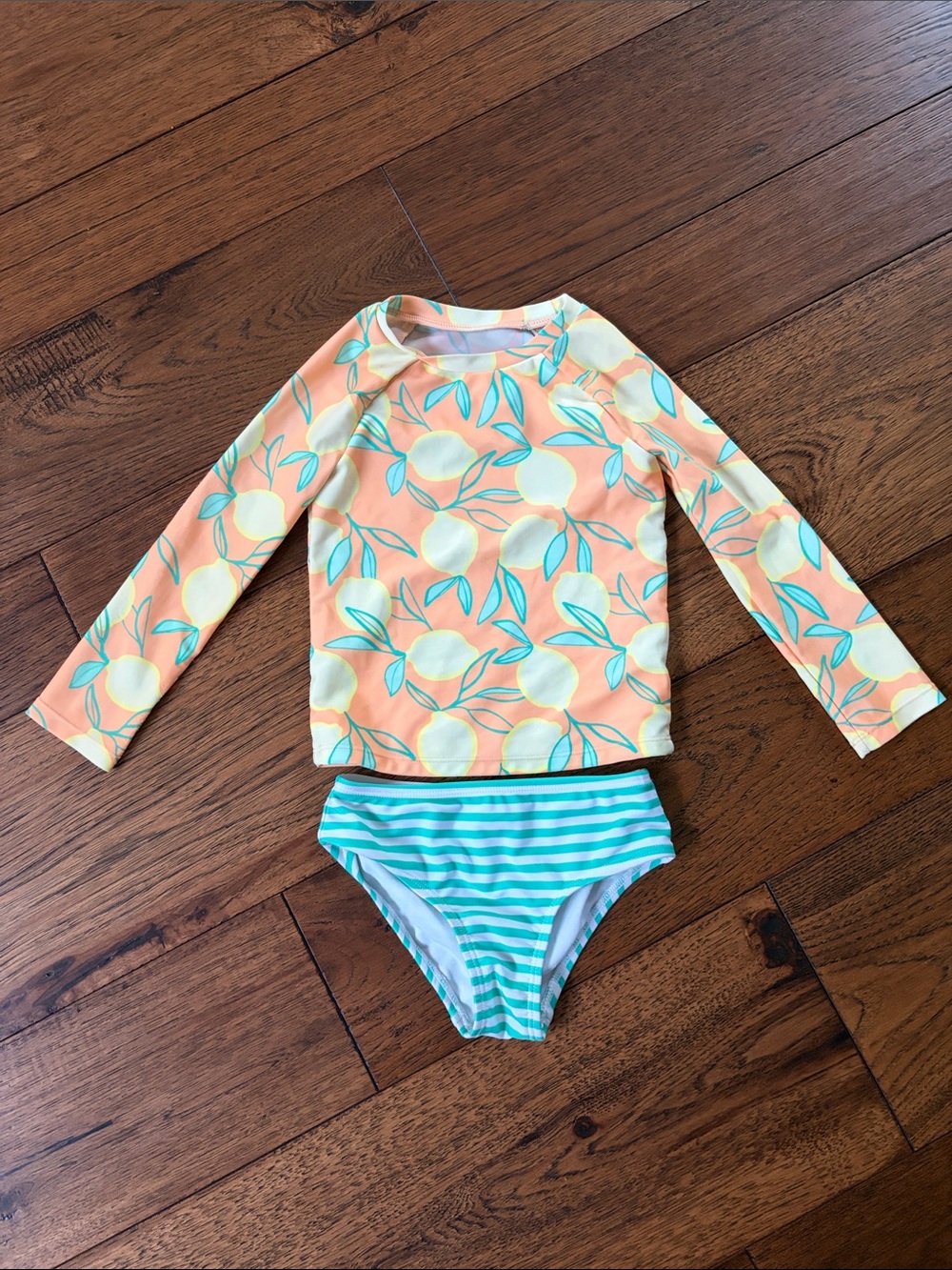 3 for $21 💜Orange Lemon-print Long-Sleeve Rashguard with Aqua Striped Bottoms